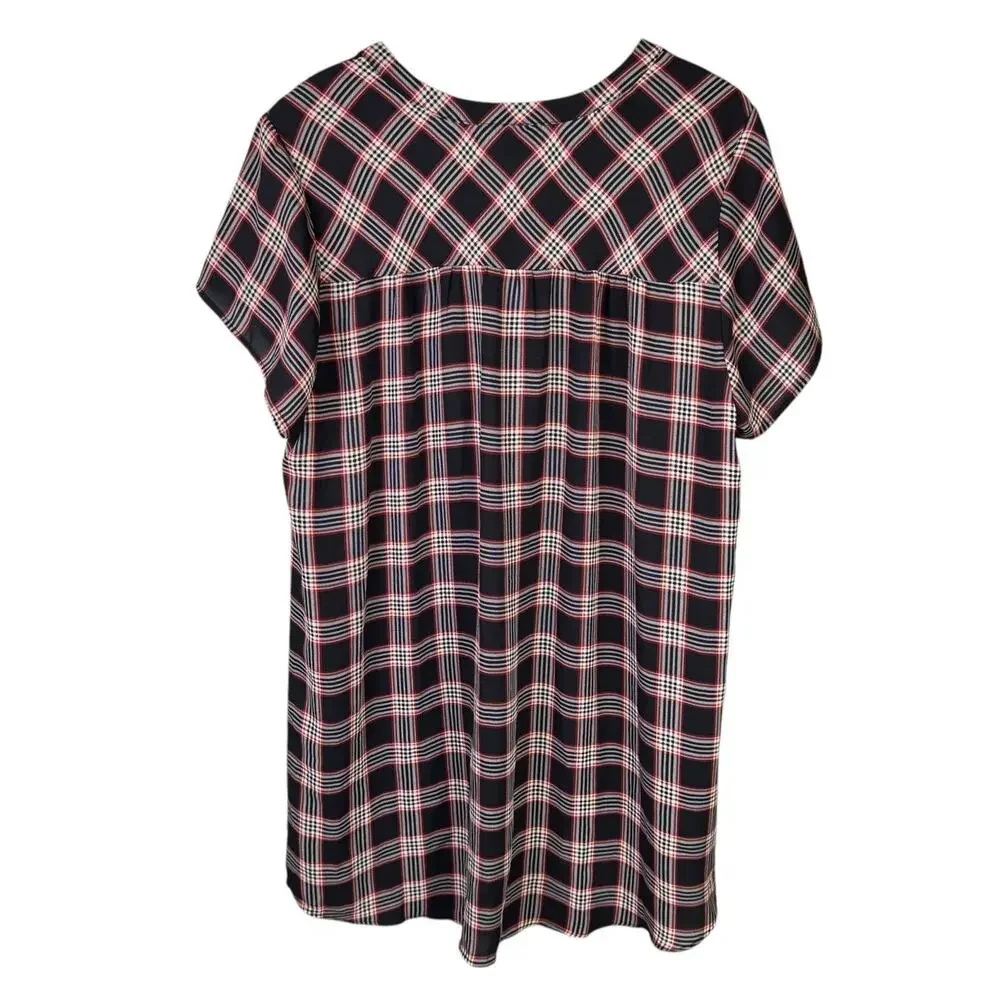 Torrid Sz 2 Georgette Black Red Plaid Short Sleeve Business Casual Tunic Blouse